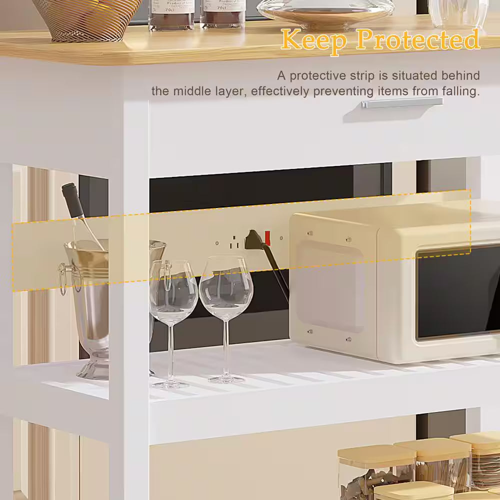 Kitchen Island Cart on Wheels, 40 In. Rolling Utility Cart with Power Strip, White Wood Top Shelves for Kitchen Storage