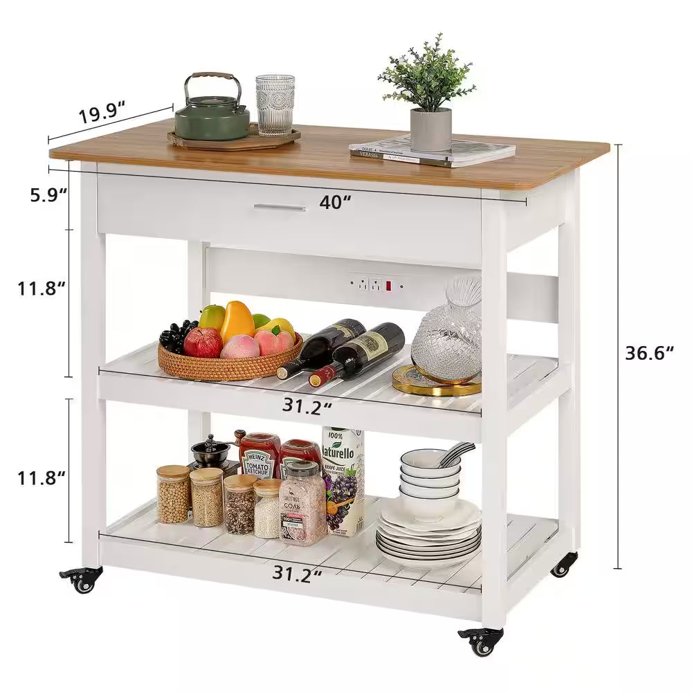 Kitchen Island Cart on Wheels, 40 In. Rolling Utility Cart with Power Strip, White Wood Top Shelves for Kitchen Storage