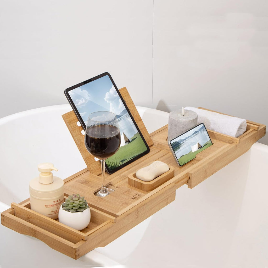 Bamboo Bathtub Caddy Tray - Expandable to 41 Inches with Book Stand, Soap Holder & Anti-Slip Pads for Luxury Bath Spa, Natural