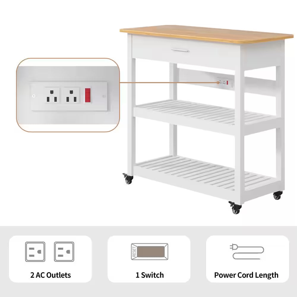Kitchen Island Cart on Wheels, 40 In. Rolling Utility Cart with Power Strip, White Wood Top Shelves for Kitchen Storage