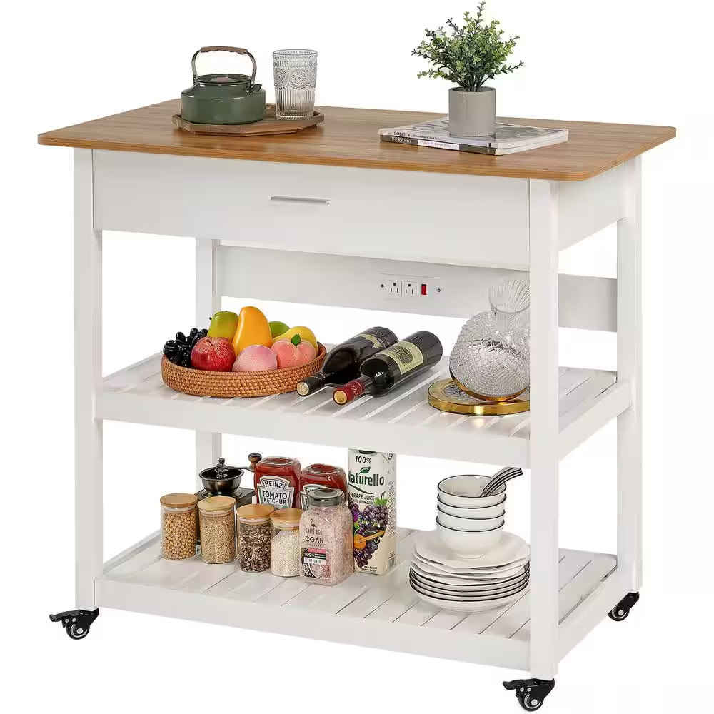 Kitchen Island Cart on Wheels, 40 In. Rolling Utility Cart with Power Strip, White Wood Top Shelves for Kitchen Storage
