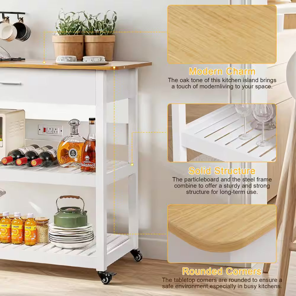Kitchen Island Cart on Wheels, 40 In. Rolling Utility Cart with Power Strip, White Wood Top Shelves for Kitchen Storage