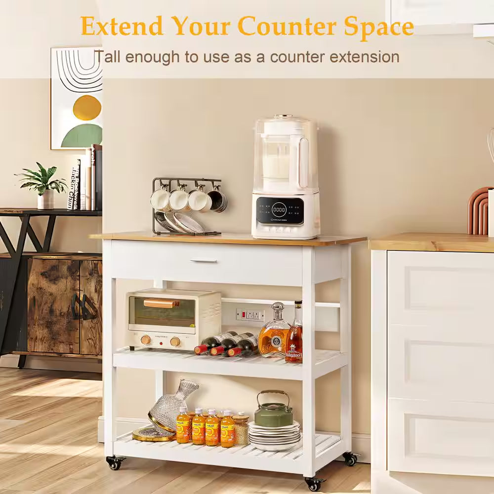 Kitchen Island Cart on Wheels, 40 In. Rolling Utility Cart with Power Strip, White Wood Top Shelves for Kitchen Storage